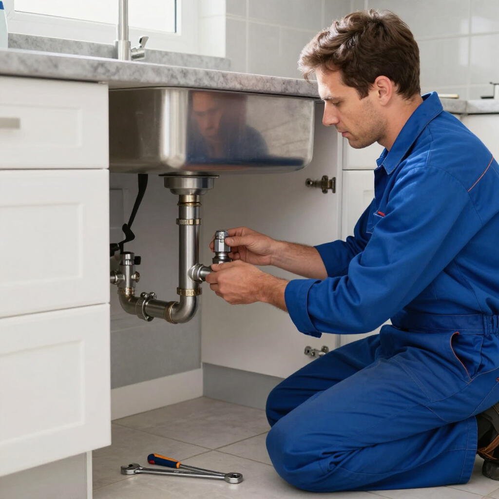A person in a blue uniform kneeling to repair the metal plumbing pipes under a kitchen sink.