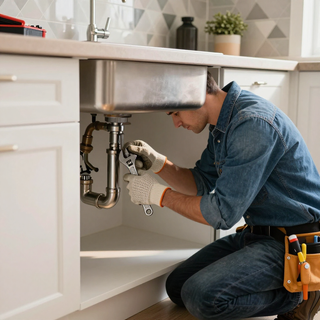 A plumber in a denim shirt and work gloves uses a wrench to repair pipes underneath a kitchen sink.