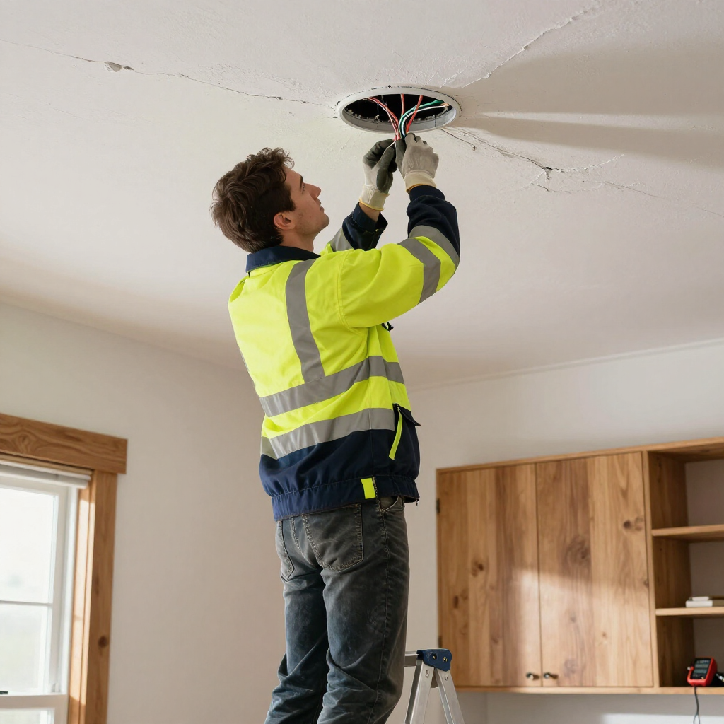 A person in a high-visibility jacket stands on a ladder, installing electrical wires into a hole in a residential ceiling.