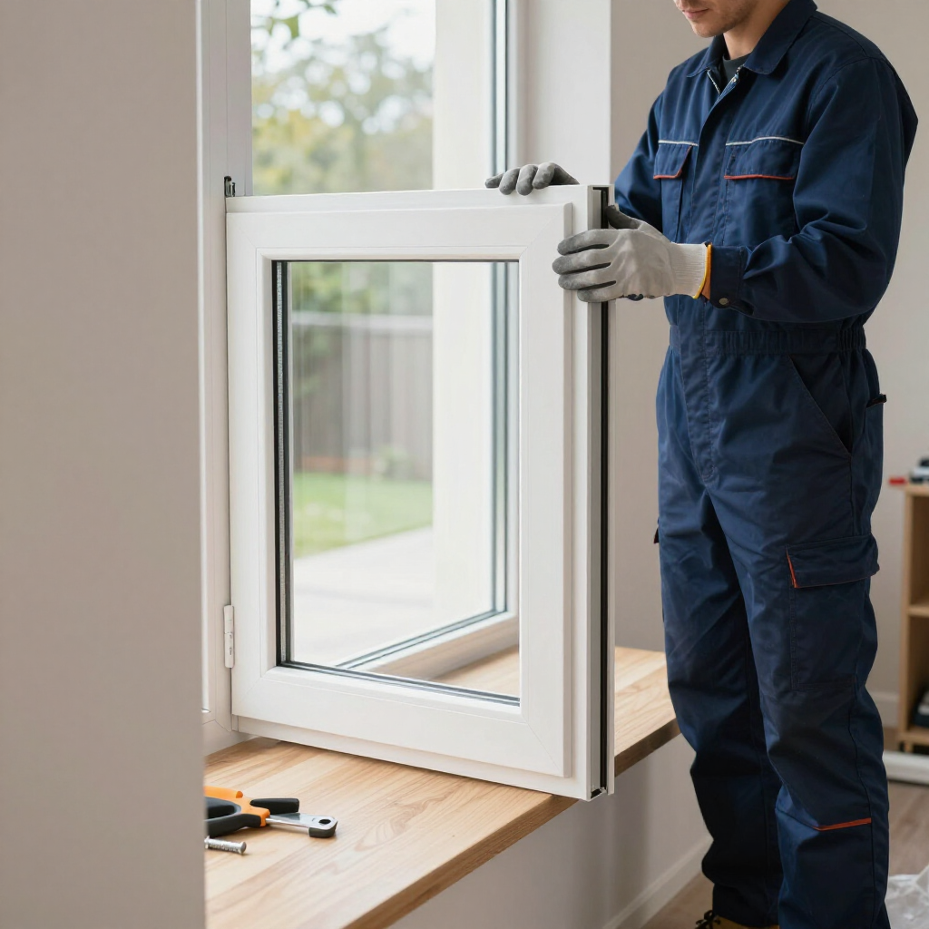 A plumber in a denim shirt and work gloves uses a wrench to repair pipes underneath a kitchen sink.