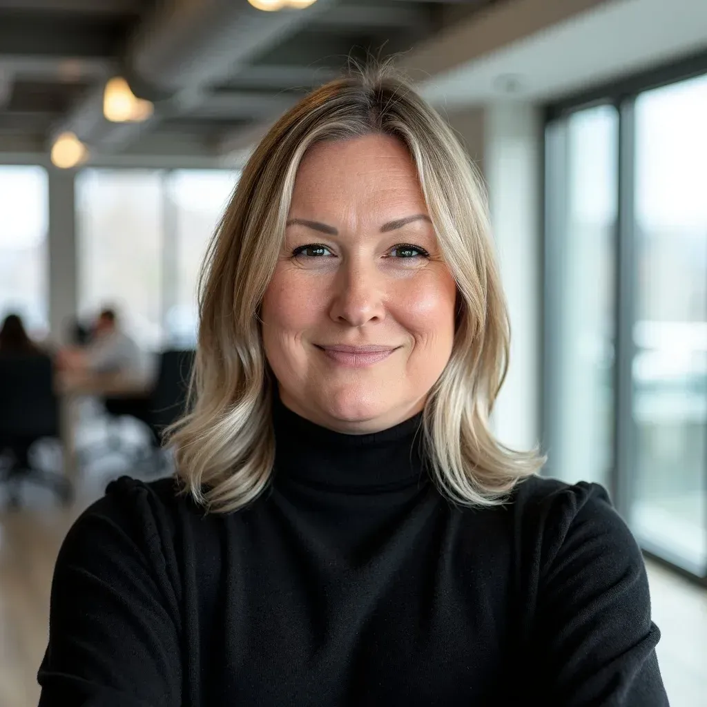 Portrait of a smiling woman in a black turtleneck in a modern office
