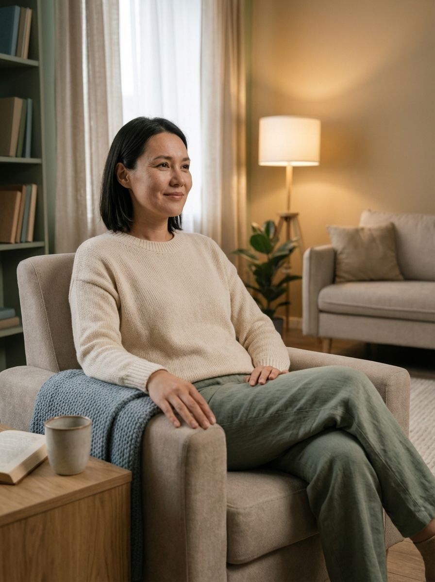 A woman sitting happily on a couch.