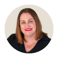 A woman wearing a black shirt and red lipstick is smiling in a circle.