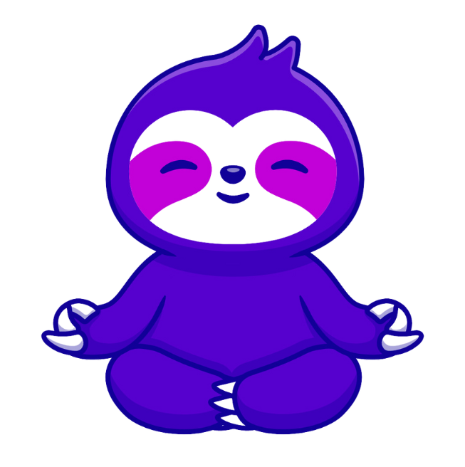A purple sloth is sitting in a lotus position with its eyes closed.