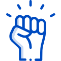 A blue fist icon on a white background.