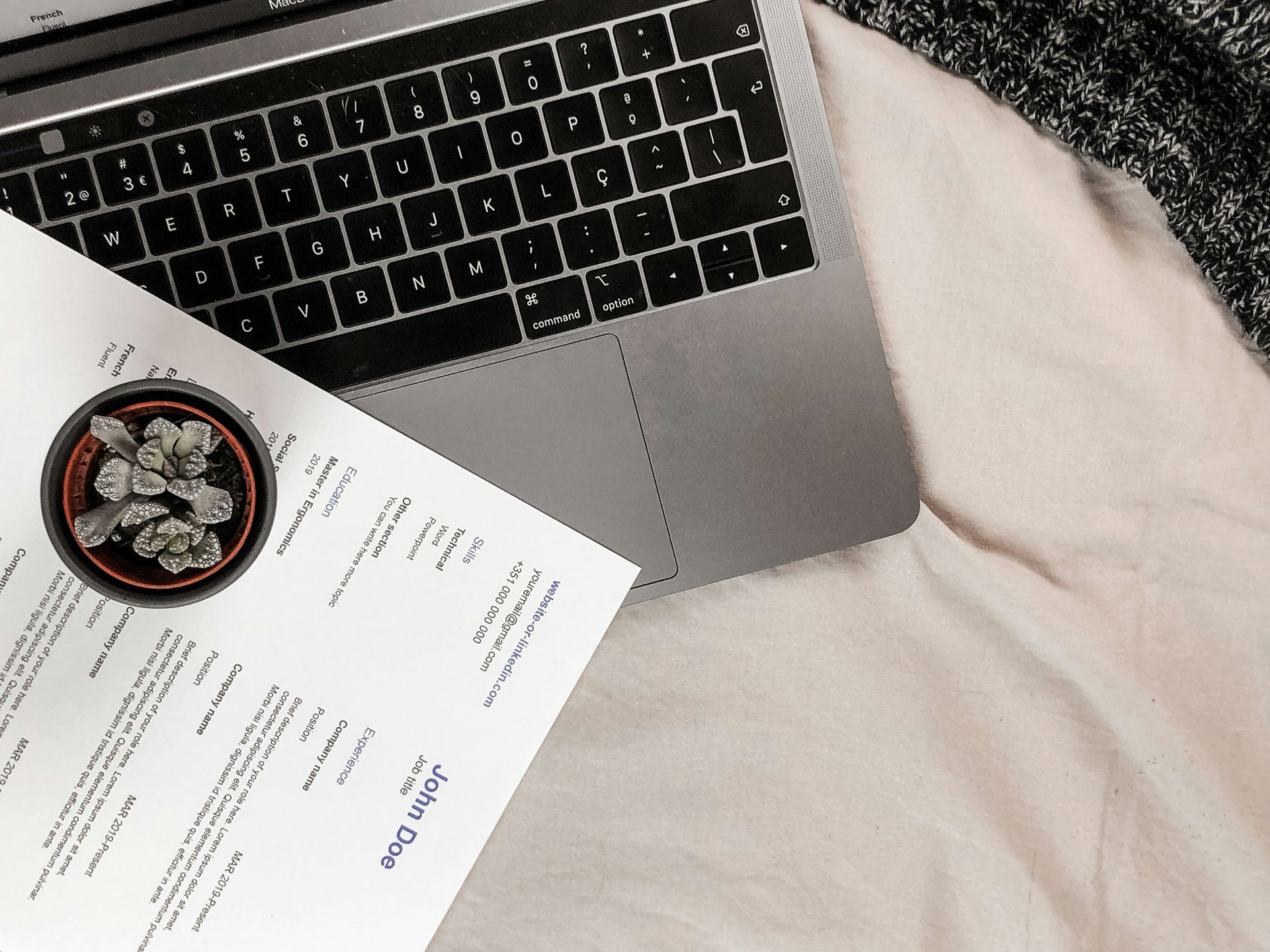 Laptop and resume on a soft blanket, with a small potted succulent nearby.
