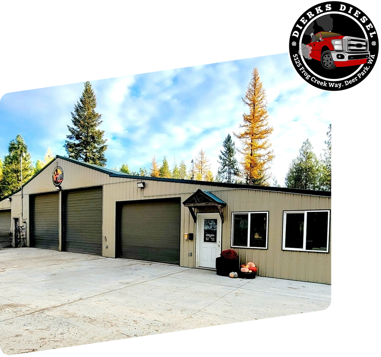 A tan metal shop building with three garage doors and a front entrance, featuring the Dierks Diesel logo in the corner. |  Diesel & Auto Performance