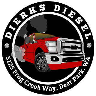 Logo for Dierks Diesel featuring a red truck emitting exhaust in a circular black border with business location details.