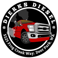 Logo for Dierks Diesel featuring a red truck emitting exhaust in a circular black border with business location details.