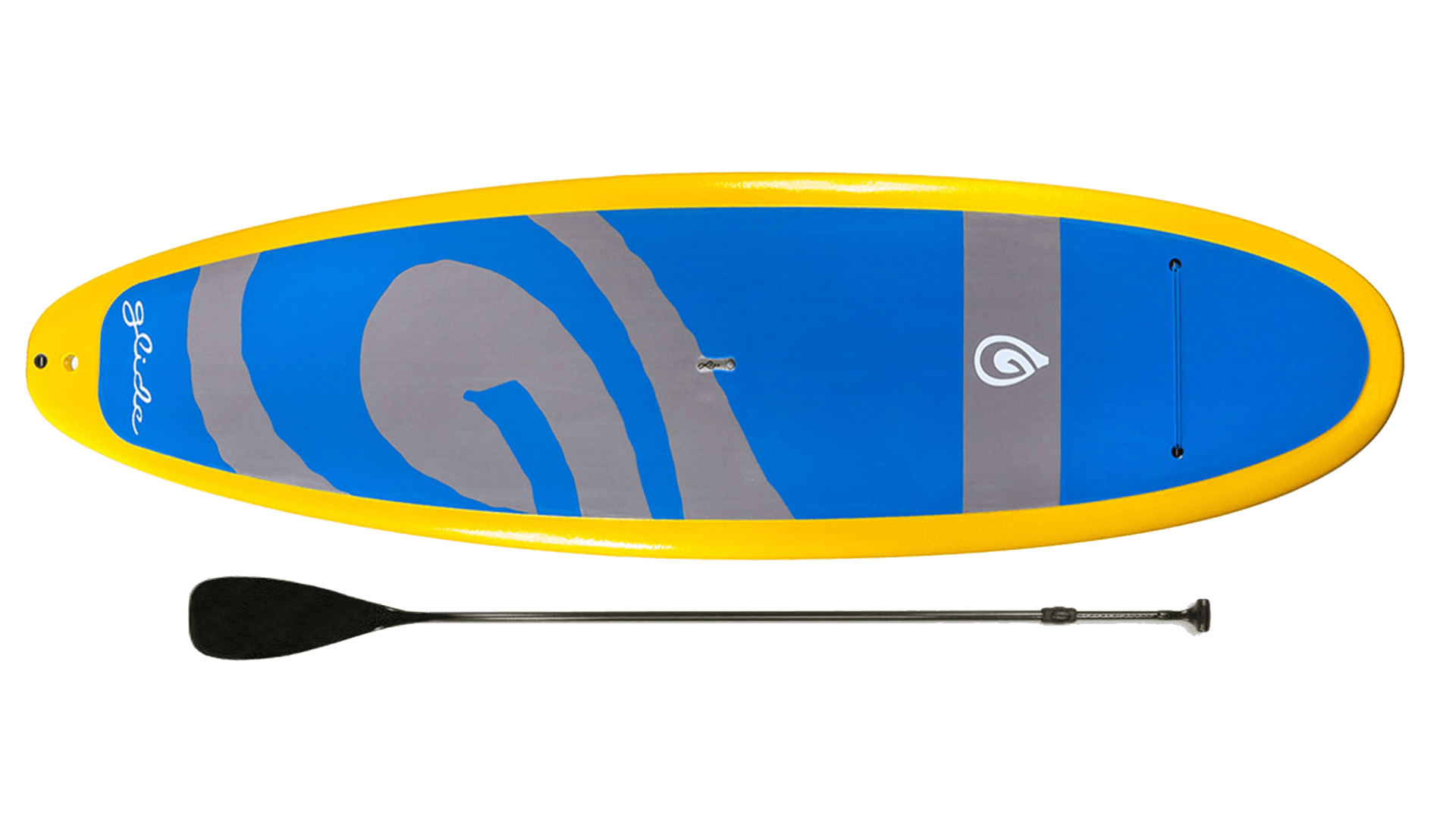 Blue and yellow stand up paddleboard rental