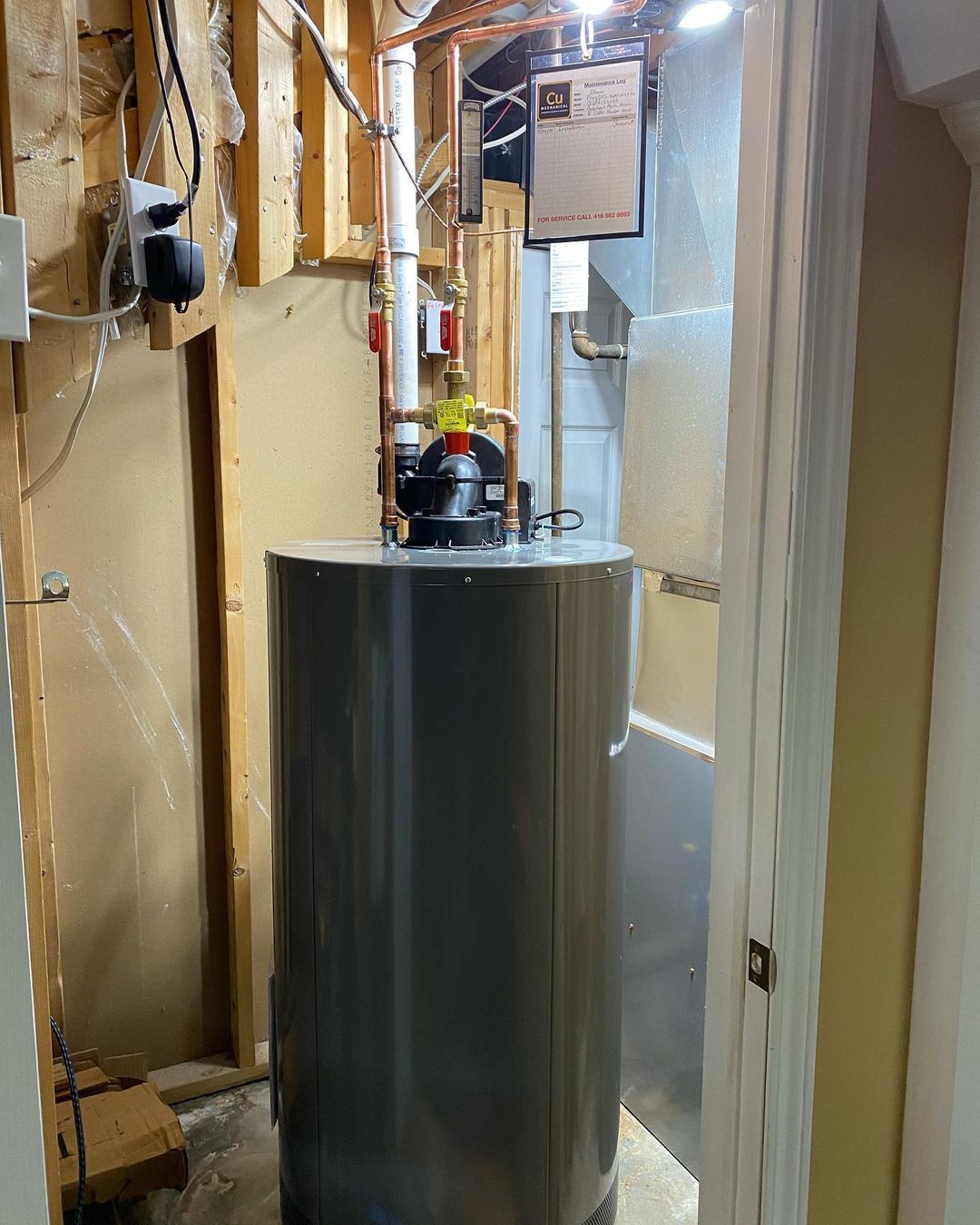 A water heater is sitting in a basement next to a door.