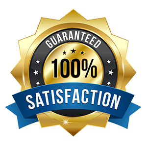 A guaranteed 100 % satisfaction badge with a blue ribbon