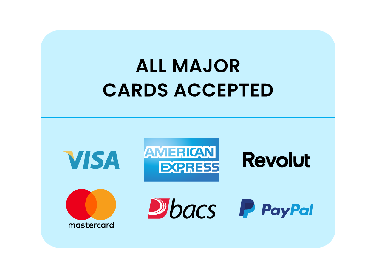 BACS, card, PayPal, and cash, with invoicing and payment terms