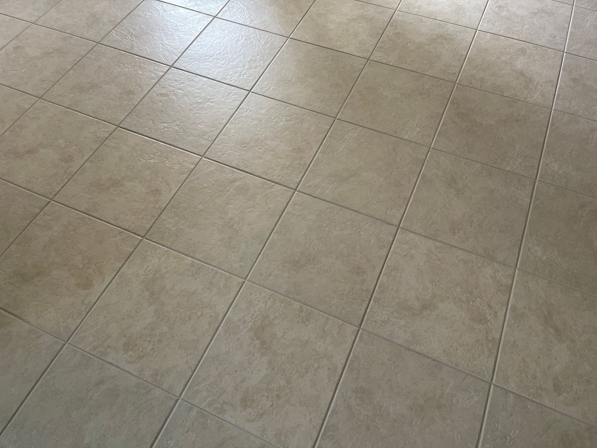 Tan square tiles on a floor, divided by darker grout lines.