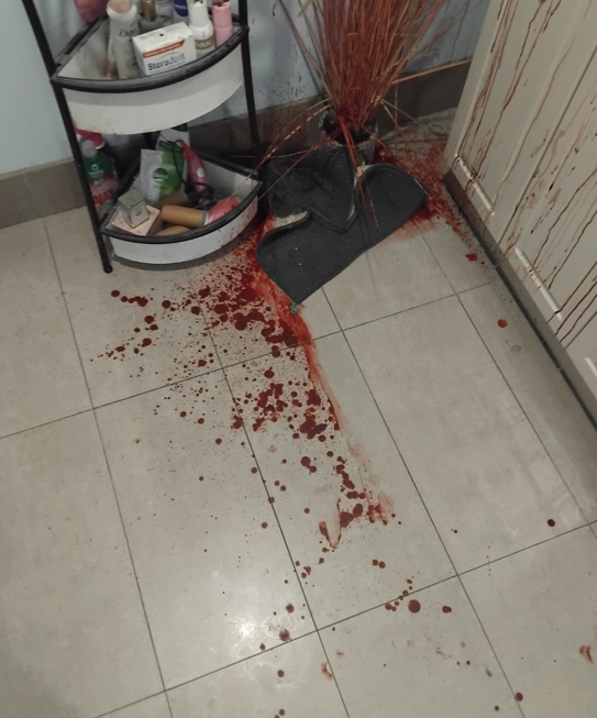 Blood on a tile floor next to a counter top