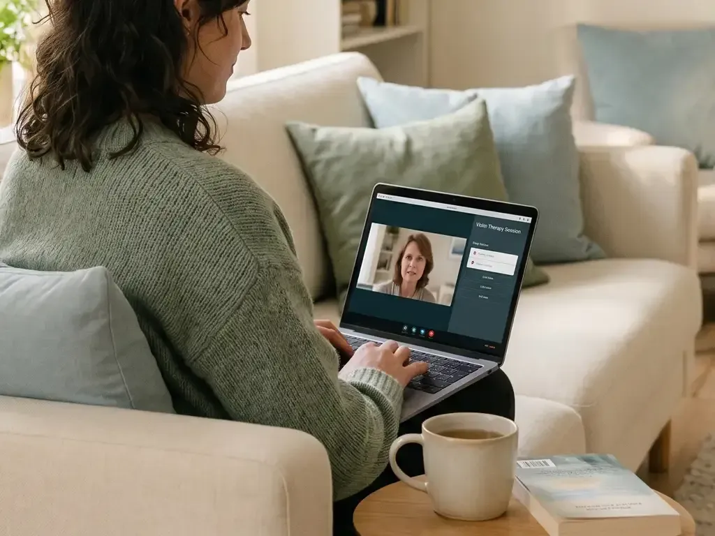 Woman sitting on a couch at home attending a telehealth therapy session on a laptop with a licensed.