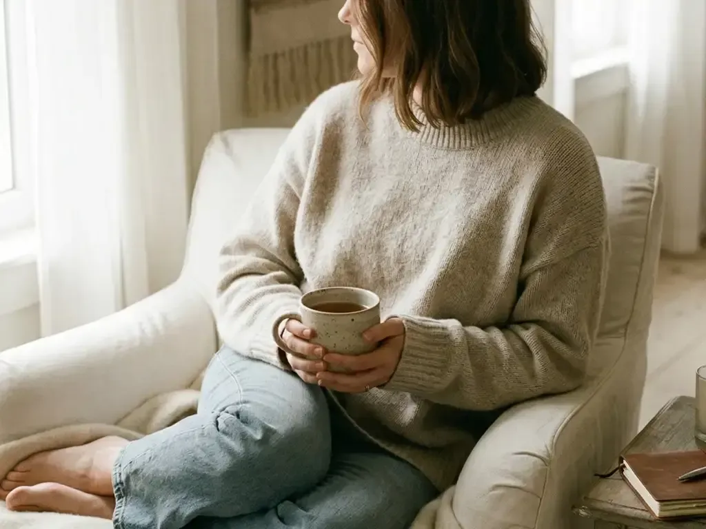 Woman holds a warm mug, observes a calm sea, journals in a chair to practice mindfulness anxiety.
