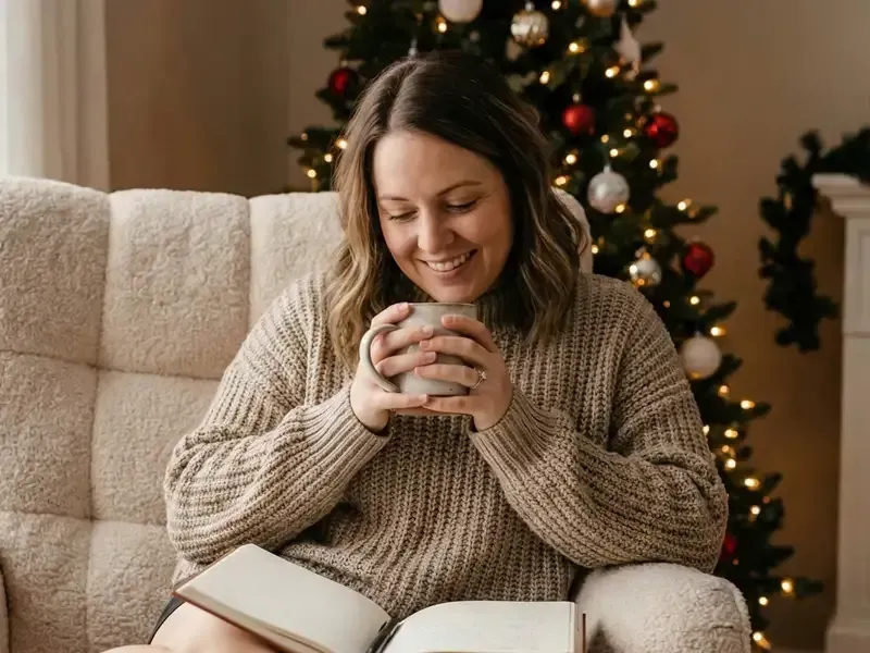 Woman relaxing with a warm drink and journal during the holidays.