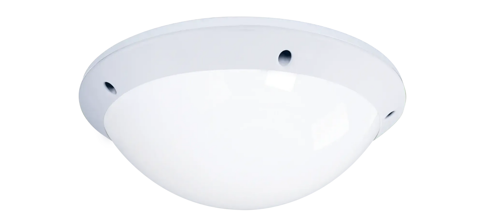 Hvit, kuppelformet vandalsikker taklampe med en gjennomsiktig globe.