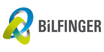 Bilfinger-logo. To sammenlåste, buede former, en blå, en gul/grønn. Teksten «BILFINGER» til høyre i grått.