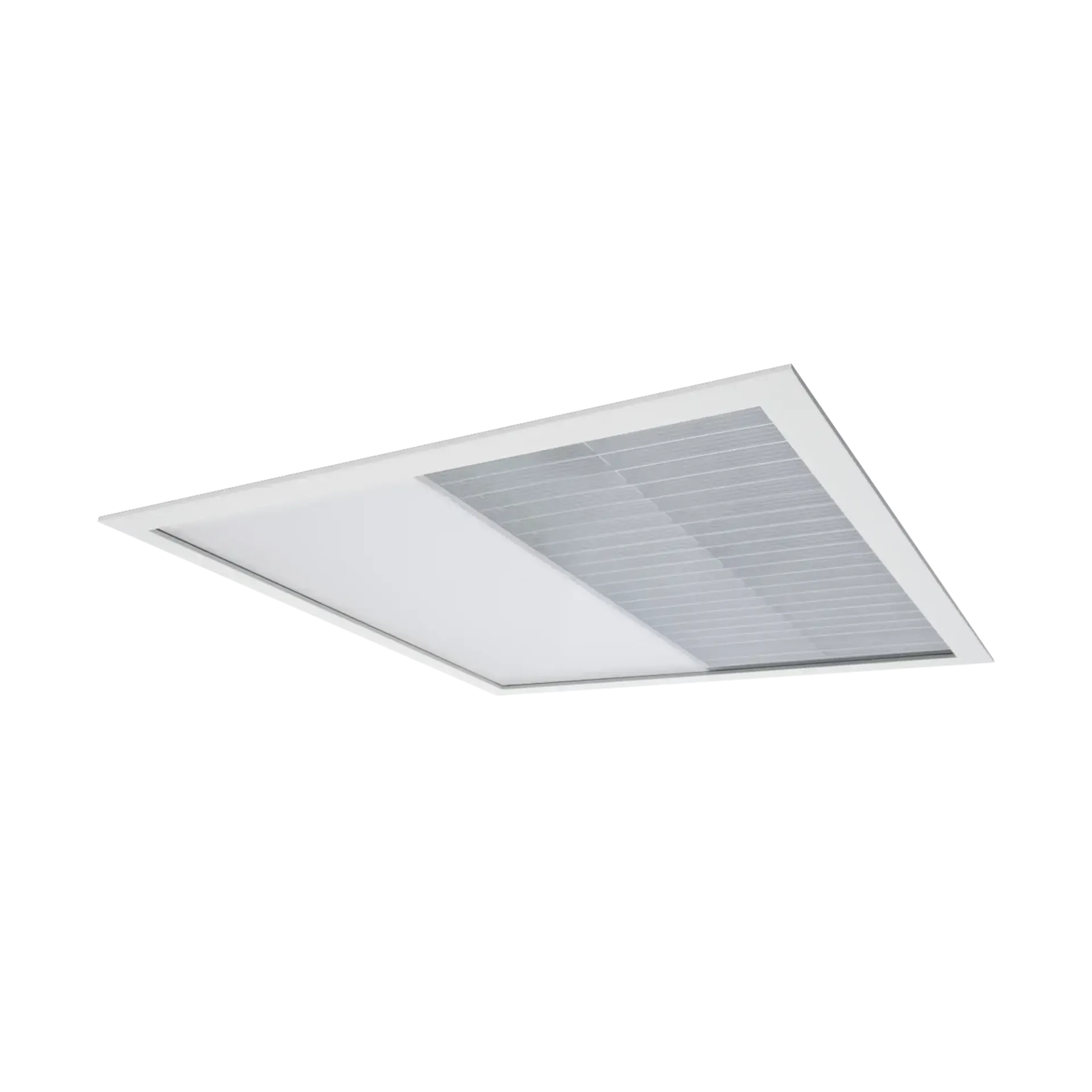 Hvit, innfelt, rektangulær taklampe med et gjennomsiktig panel og teksturert rutenett.