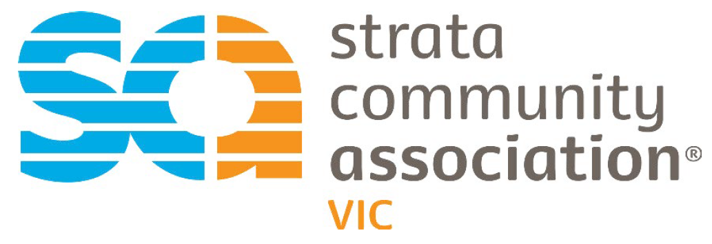Logo for Strata Community Association, VIC, with blue and orange 