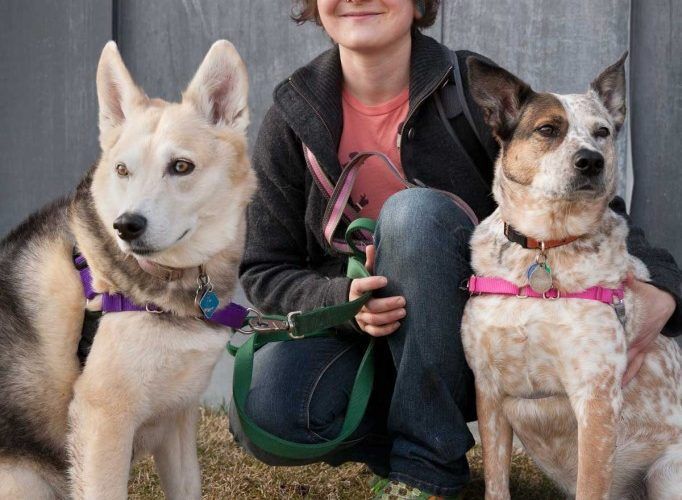 Woman with two dogs, a husky and a spotted cattle dog, sitting outside.