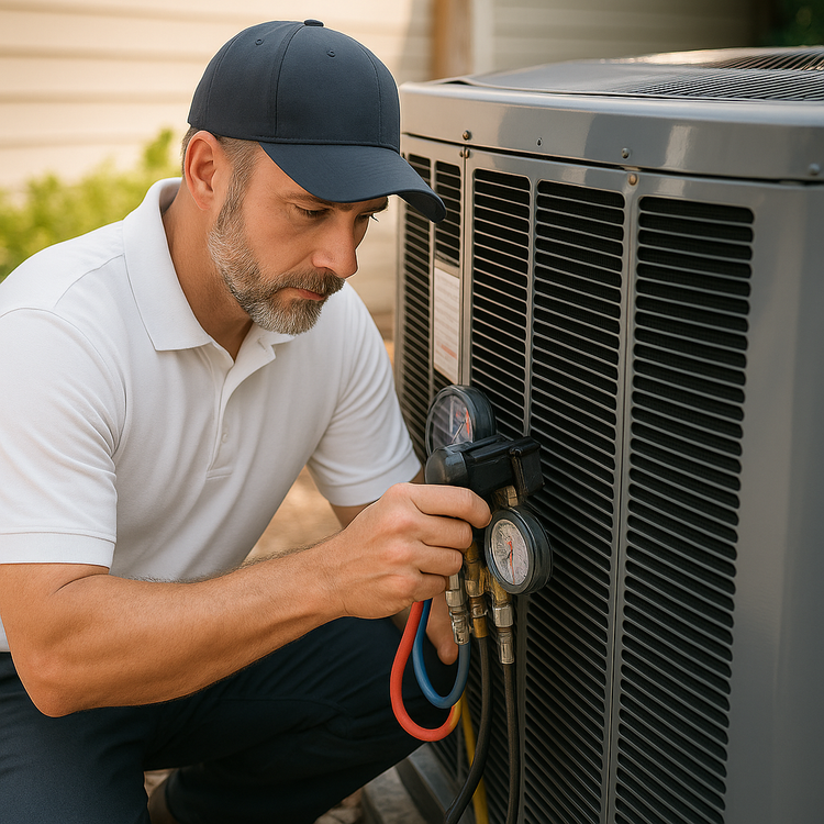 A man is working on an air conditioner outside of a house.