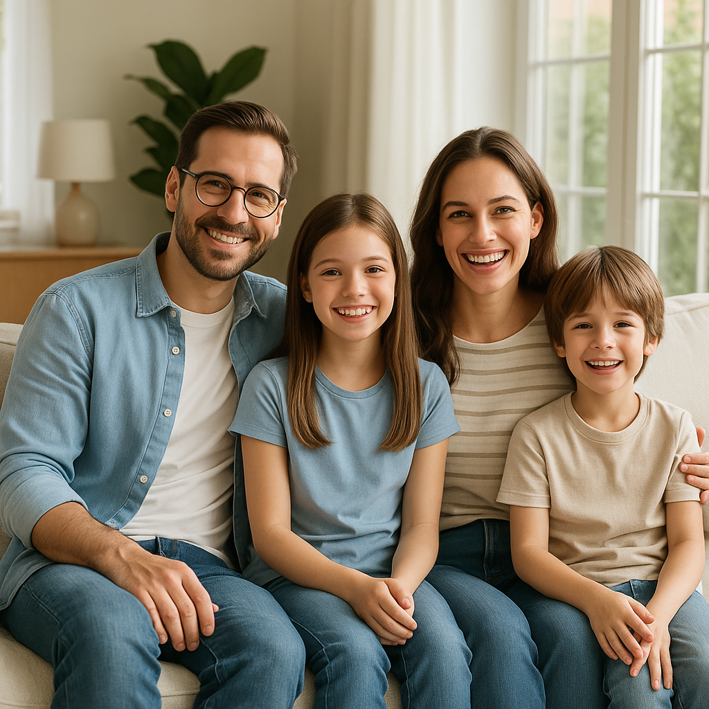 A family is sitting on a couch posing for a picture.