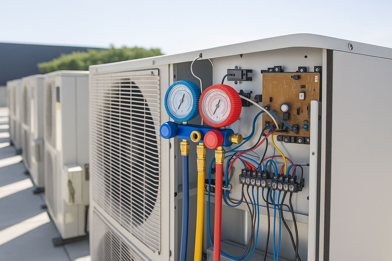 A row of air conditioners with gauges attached to them.
