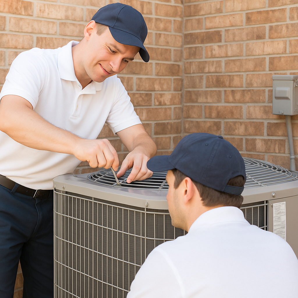 Two men are working on an air conditioner outside of a brick building