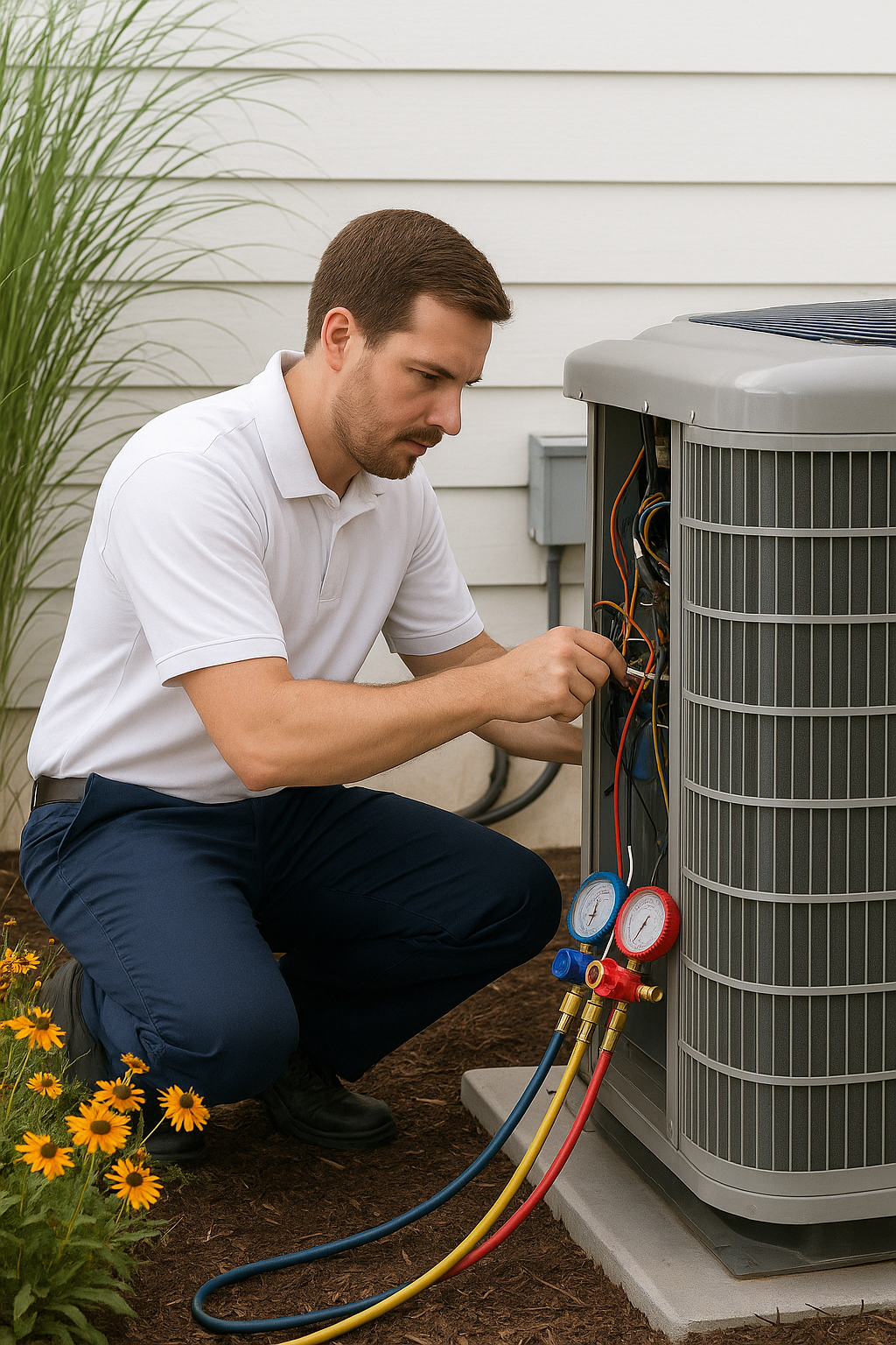 A man is working on an air conditioner outside of a house.