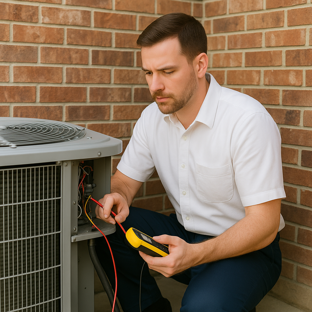 A man is working on an air conditioner with a multimeter