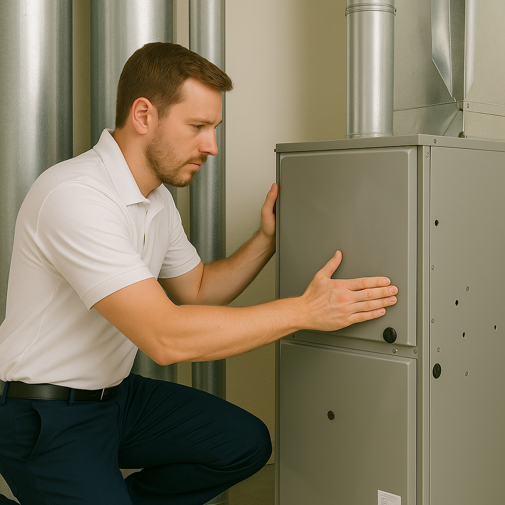 A man in a white shirt is kneeling down next to an air conditioner.