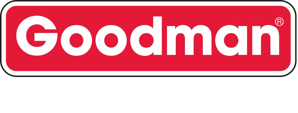 A red and white goodman logo on a white background.