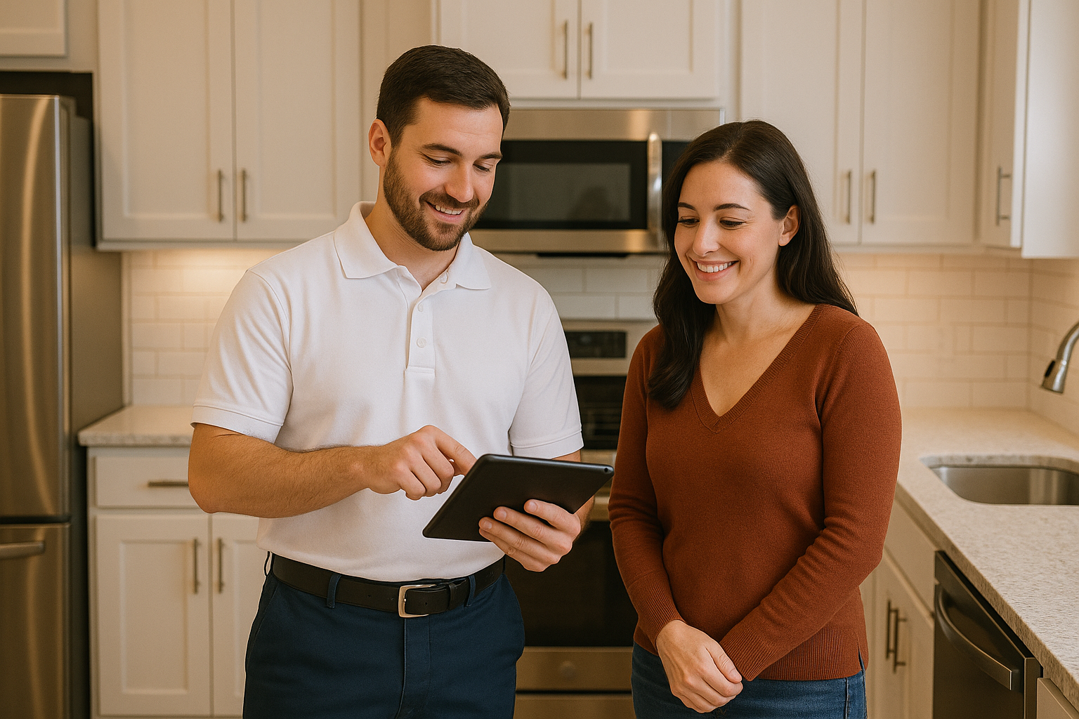 A man and a woman are standing in a kitchen looking at a tablet.