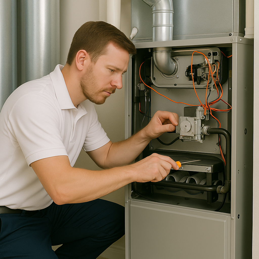 A man is working on an air conditioner with a screwdriver.