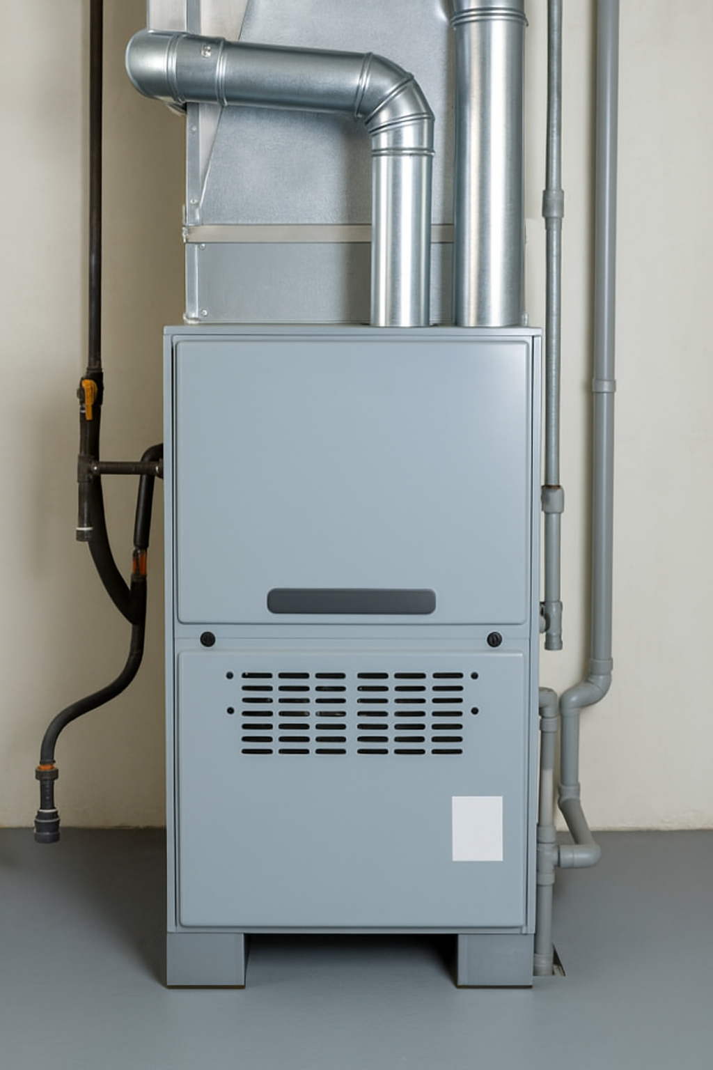 A gas furnace is sitting in a basement next to a wall.