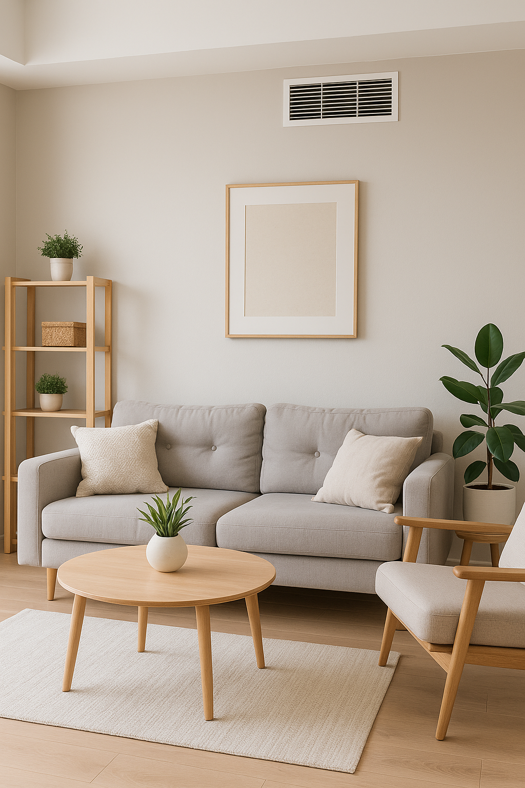 A living room with a couch , chairs , a coffee table and a plant.
