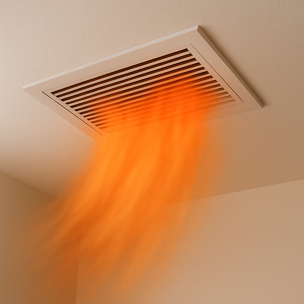 A ceiling fan is blowing warm air from the ceiling in a room.