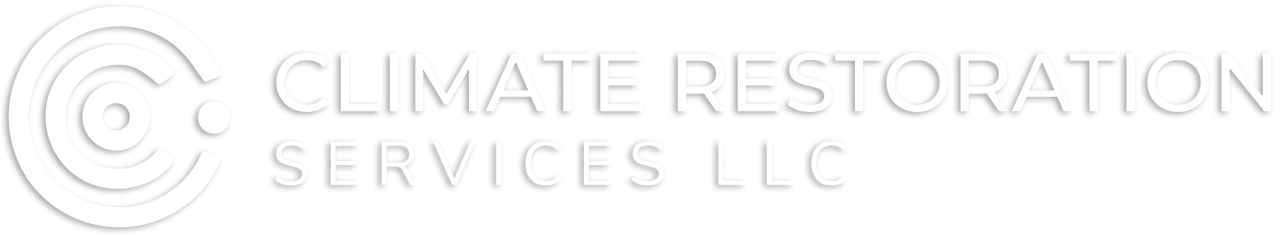 A white logo for climate restoration services llc on a white background.