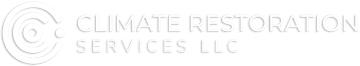 A white logo for climate restoration services llc on a white background.