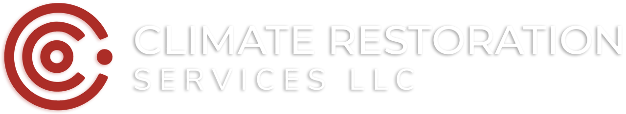 A red and white logo for climate restoration services llc