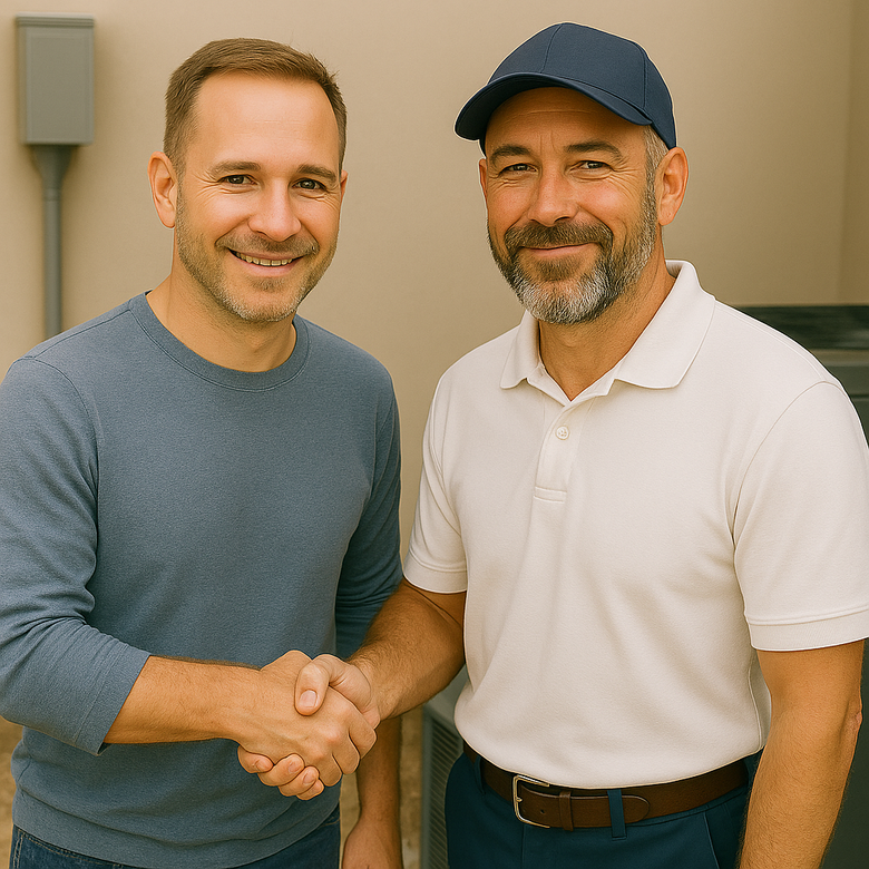 Two men are shaking hands and smiling for the camera
