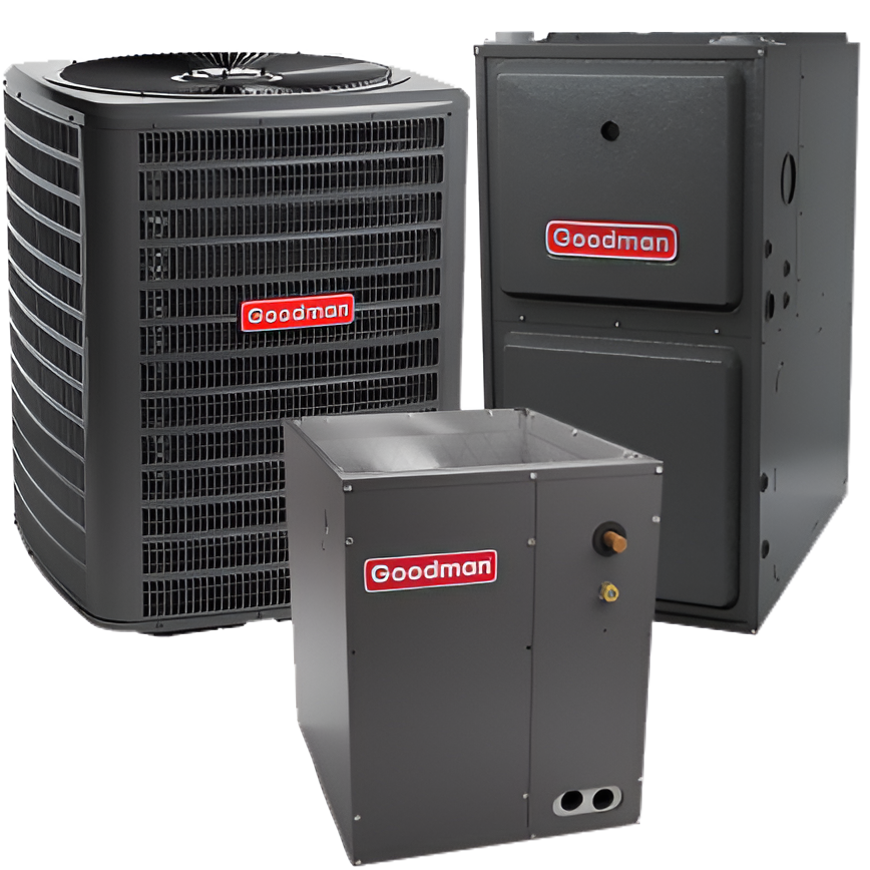 Three goodman air conditioners are sitting next to each other