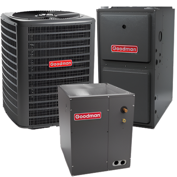 Three goodman air conditioners are sitting next to each other