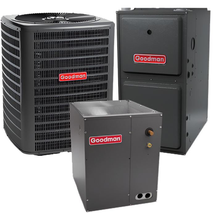 Three goodman air conditioners are sitting next to each other