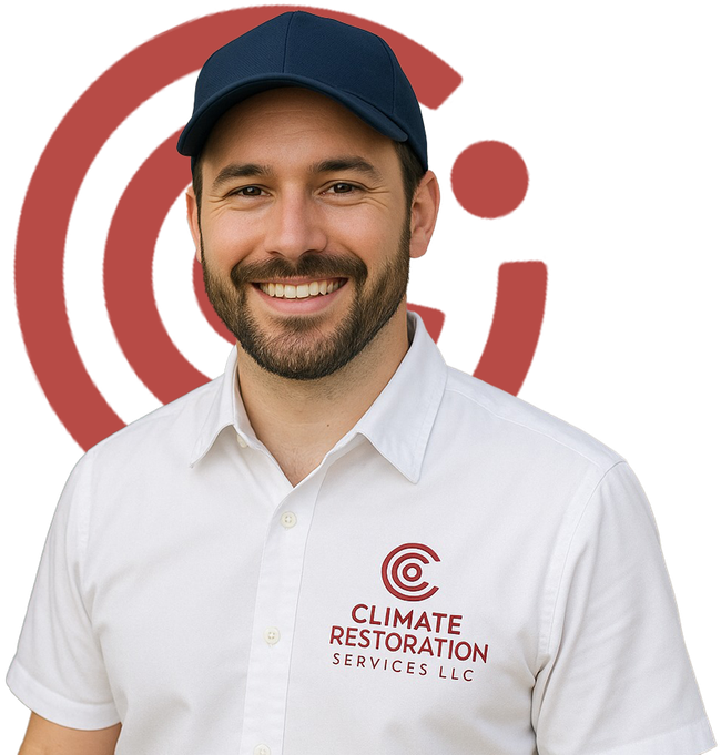 A man wearing a white shirt that says climate restoration services llc
