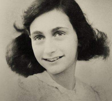 Smiling Anne Frank, dark hair, light dress, portrait.