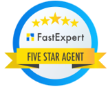 A fast expert five star agent badge with a yellow ribbon.